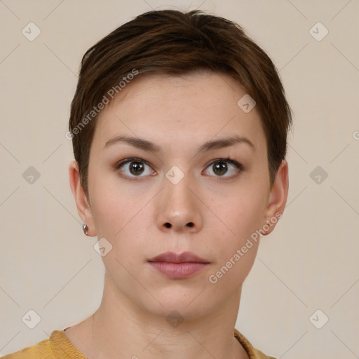 Neutral white young-adult female with short  brown hair and brown eyes