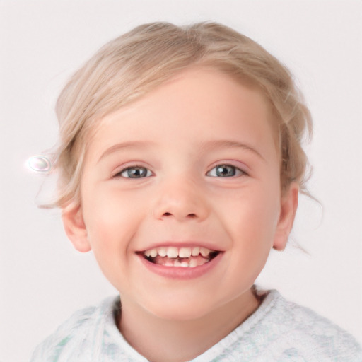 Joyful white child female with short  brown hair and blue eyes