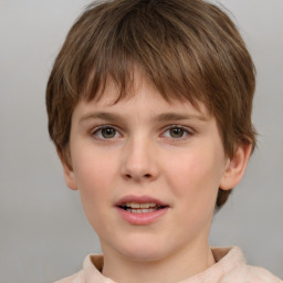 Joyful white child female with short  brown hair and brown eyes