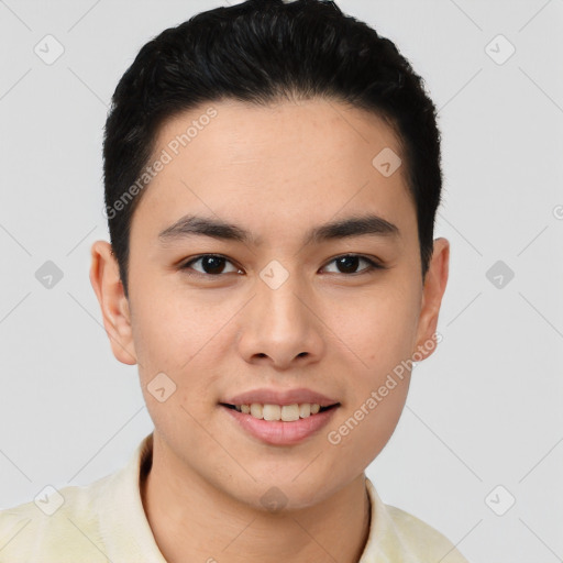 Joyful asian young-adult male with short  brown hair and brown eyes