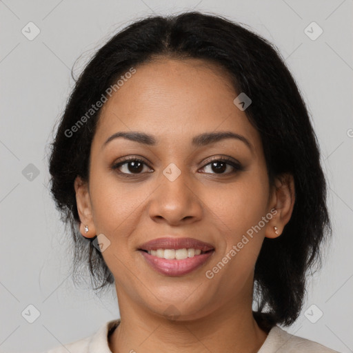 Joyful latino young-adult female with medium  brown hair and brown eyes