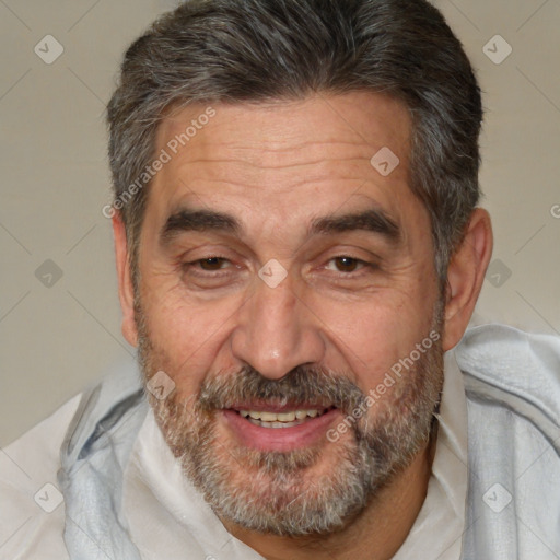 Joyful white middle-aged male with short  brown hair and brown eyes