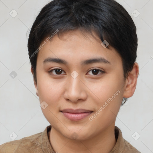 Joyful asian young-adult female with short  brown hair and brown eyes