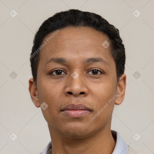 Neutral black young-adult male with short  black hair and brown eyes