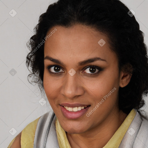 Joyful latino young-adult female with short  brown hair and brown eyes