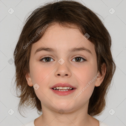 Joyful white child female with medium  brown hair and brown eyes