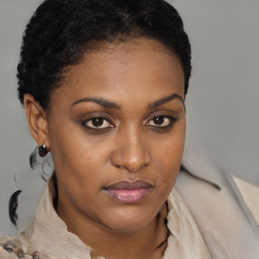 Joyful black young-adult female with short  brown hair and brown eyes