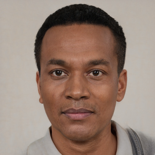 Joyful black young-adult male with short  black hair and brown eyes