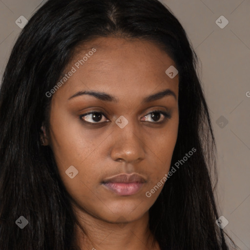 Neutral asian young-adult female with long  brown hair and brown eyes