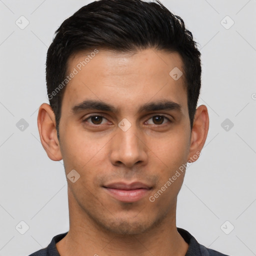 Neutral latino young-adult male with short  black hair and brown eyes