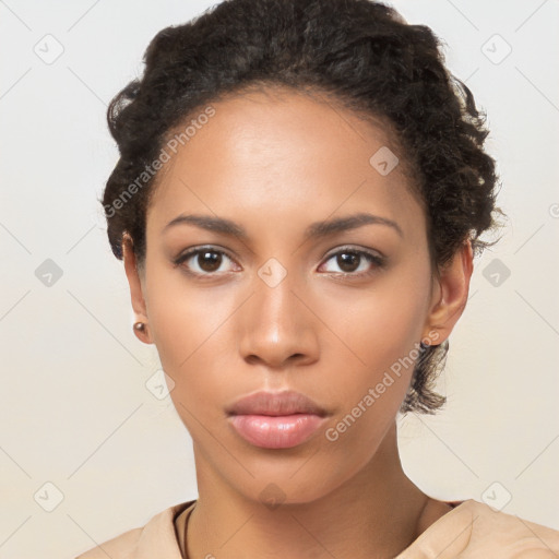 Neutral latino young-adult female with short  brown hair and brown eyes