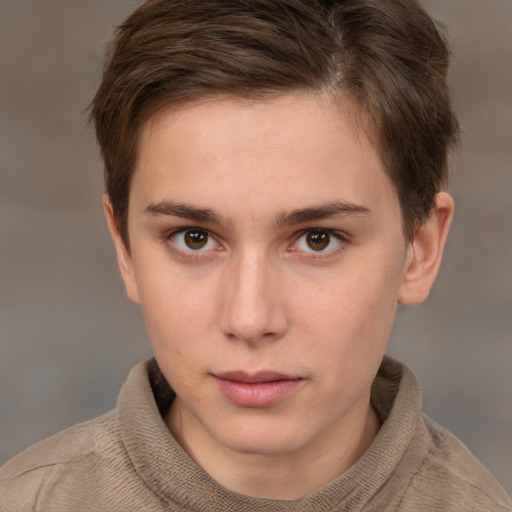 Neutral white young-adult female with short  brown hair and brown eyes