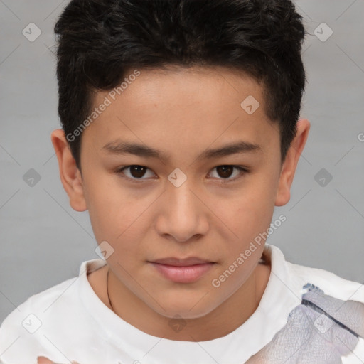 Joyful white child male with short  brown hair and brown eyes