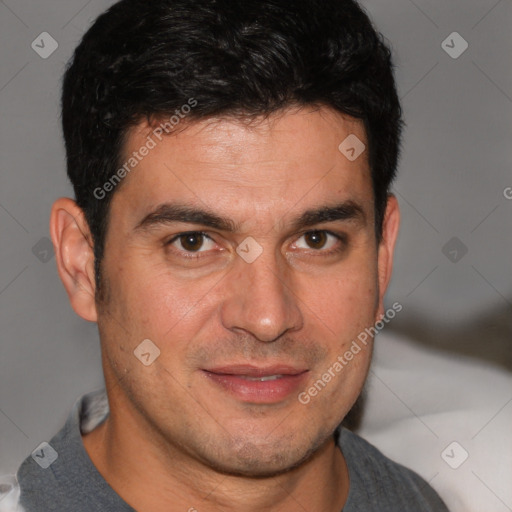 Joyful white adult male with short  brown hair and brown eyes