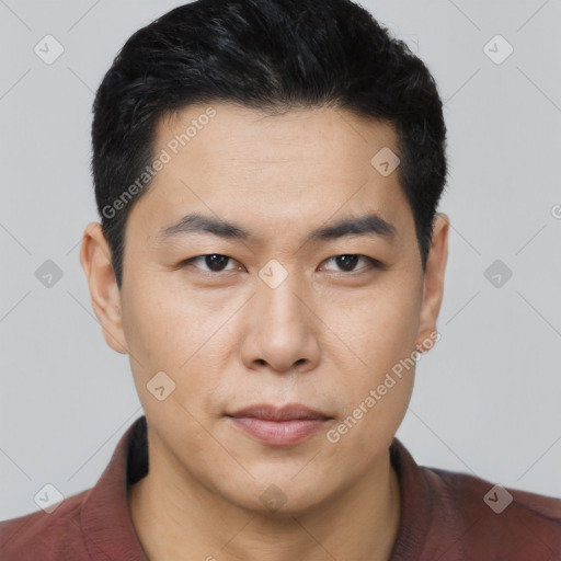 Neutral asian young-adult male with short  black hair and brown eyes