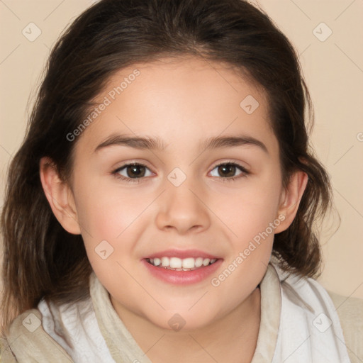 Joyful white child female with medium  brown hair and brown eyes