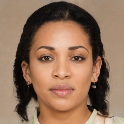 Joyful latino young-adult female with medium  black hair and brown eyes