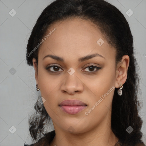 Joyful latino young-adult female with long  brown hair and brown eyes