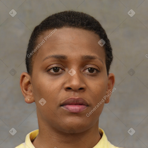 Neutral black young-adult female with short  brown hair and brown eyes