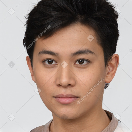 Neutral asian young-adult male with short  brown hair and brown eyes