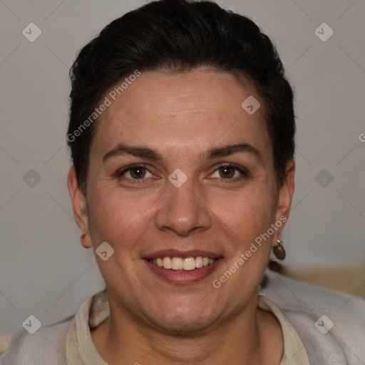 Joyful white adult female with short  brown hair and brown eyes