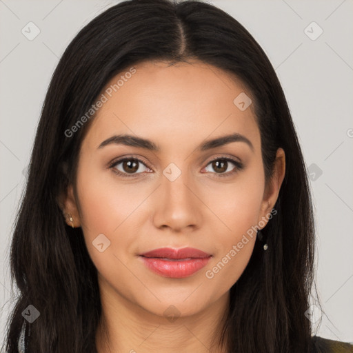 Joyful latino young-adult female with long  brown hair and brown eyes