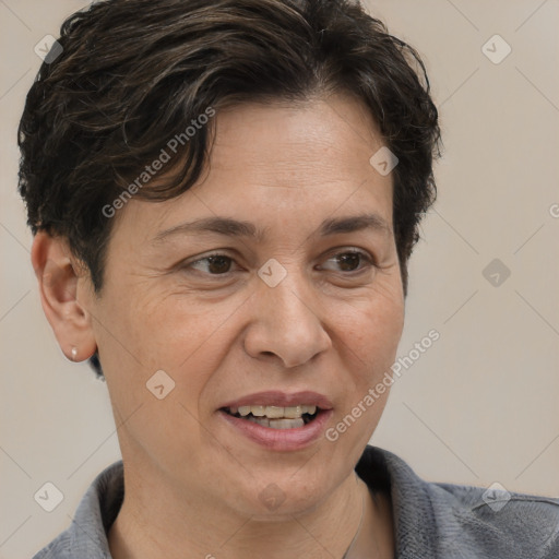 Joyful white adult female with short  brown hair and brown eyes