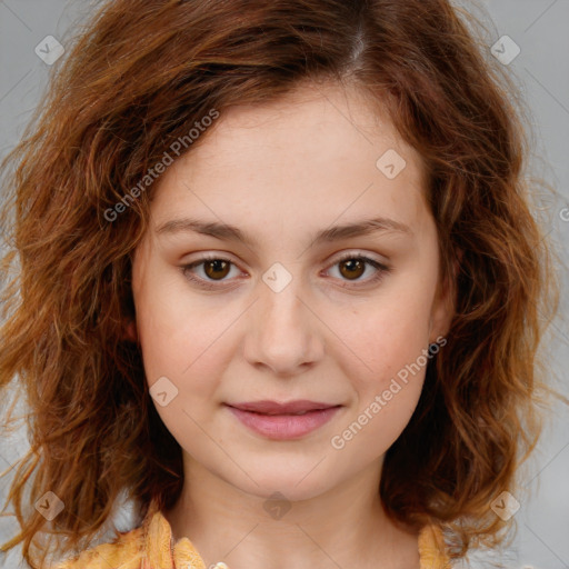 Joyful white child female with medium  brown hair and brown eyes