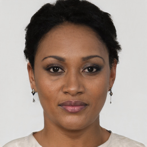 Joyful black young-adult female with short  black hair and brown eyes
