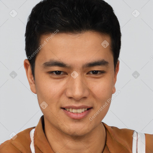 Joyful latino young-adult male with short  brown hair and brown eyes