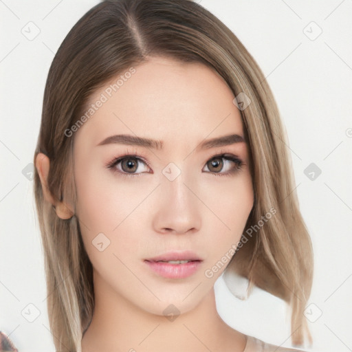 Neutral white young-adult female with long  brown hair and brown eyes