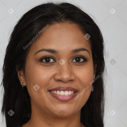 Joyful latino young-adult female with long  brown hair and brown eyes