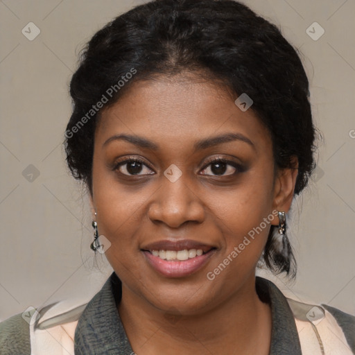 Joyful black young-adult female with medium  black hair and brown eyes