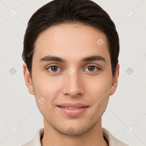 Joyful white young-adult male with short  brown hair and brown eyes