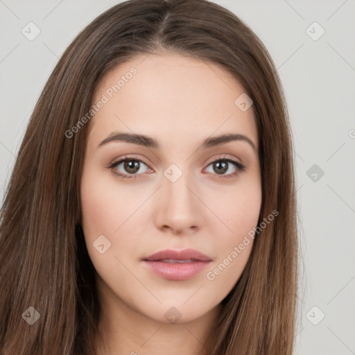 Neutral white young-adult female with long  brown hair and brown eyes