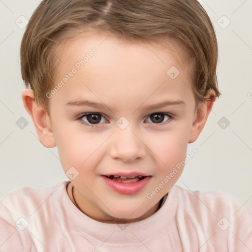 Joyful white child female with short  brown hair and brown eyes