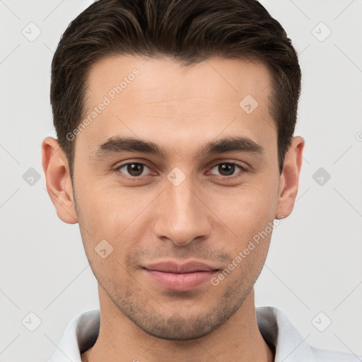 Joyful white young-adult male with short  brown hair and brown eyes