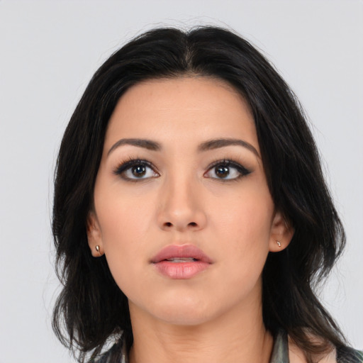 Neutral asian young-adult female with medium  black hair and brown eyes