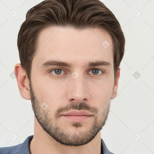 Neutral white young-adult male with short  brown hair and grey eyes