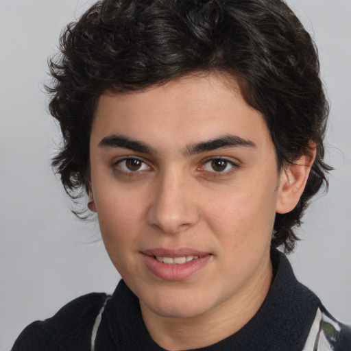 Joyful white young-adult male with medium  brown hair and brown eyes