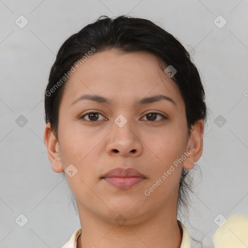 Neutral asian young-adult female with short  brown hair and brown eyes