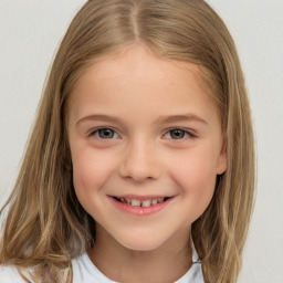 Joyful white child female with medium  brown hair and brown eyes