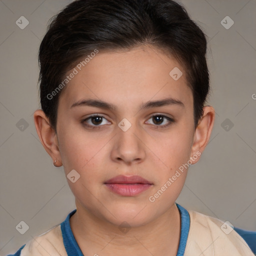 Neutral white young-adult female with short  brown hair and brown eyes