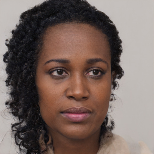 Neutral black young-adult female with long  black hair and brown eyes