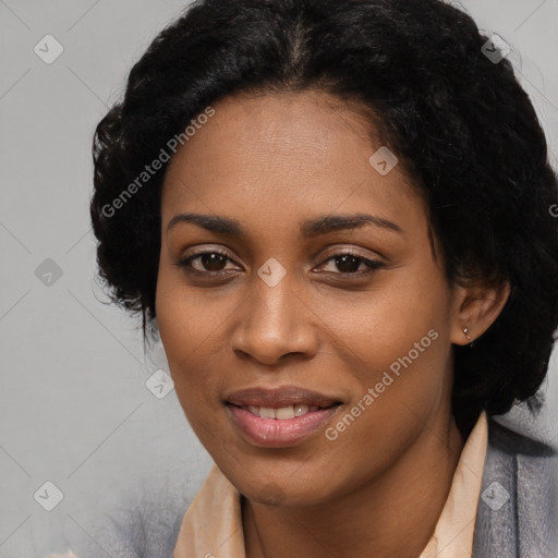 Joyful black young-adult female with medium  black hair and brown eyes