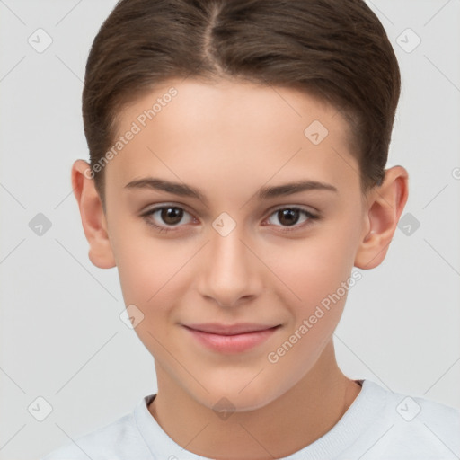 Joyful white child female with short  brown hair and brown eyes