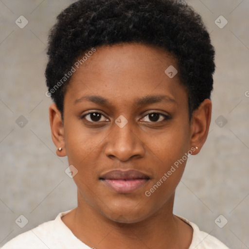 Joyful black young-adult female with short  black hair and brown eyes