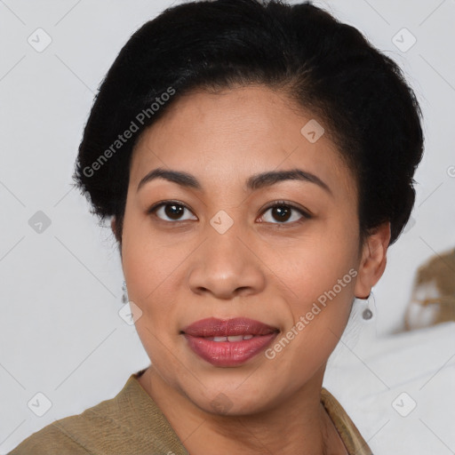 Joyful latino young-adult female with short  black hair and brown eyes