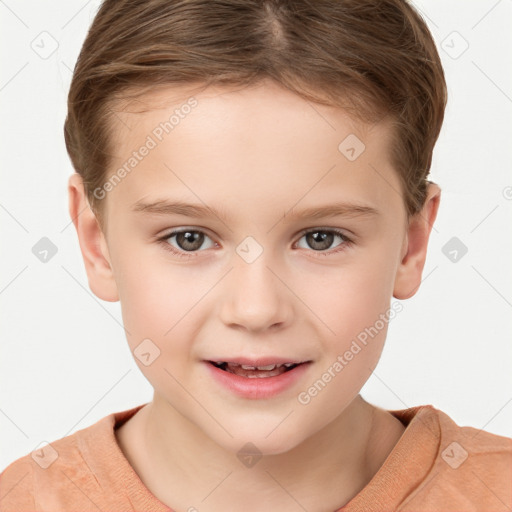 Joyful white child female with short  brown hair and brown eyes