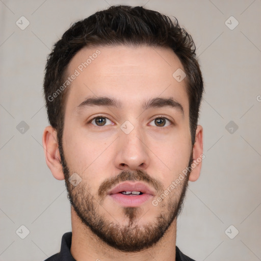 Neutral white young-adult male with short  brown hair and brown eyes